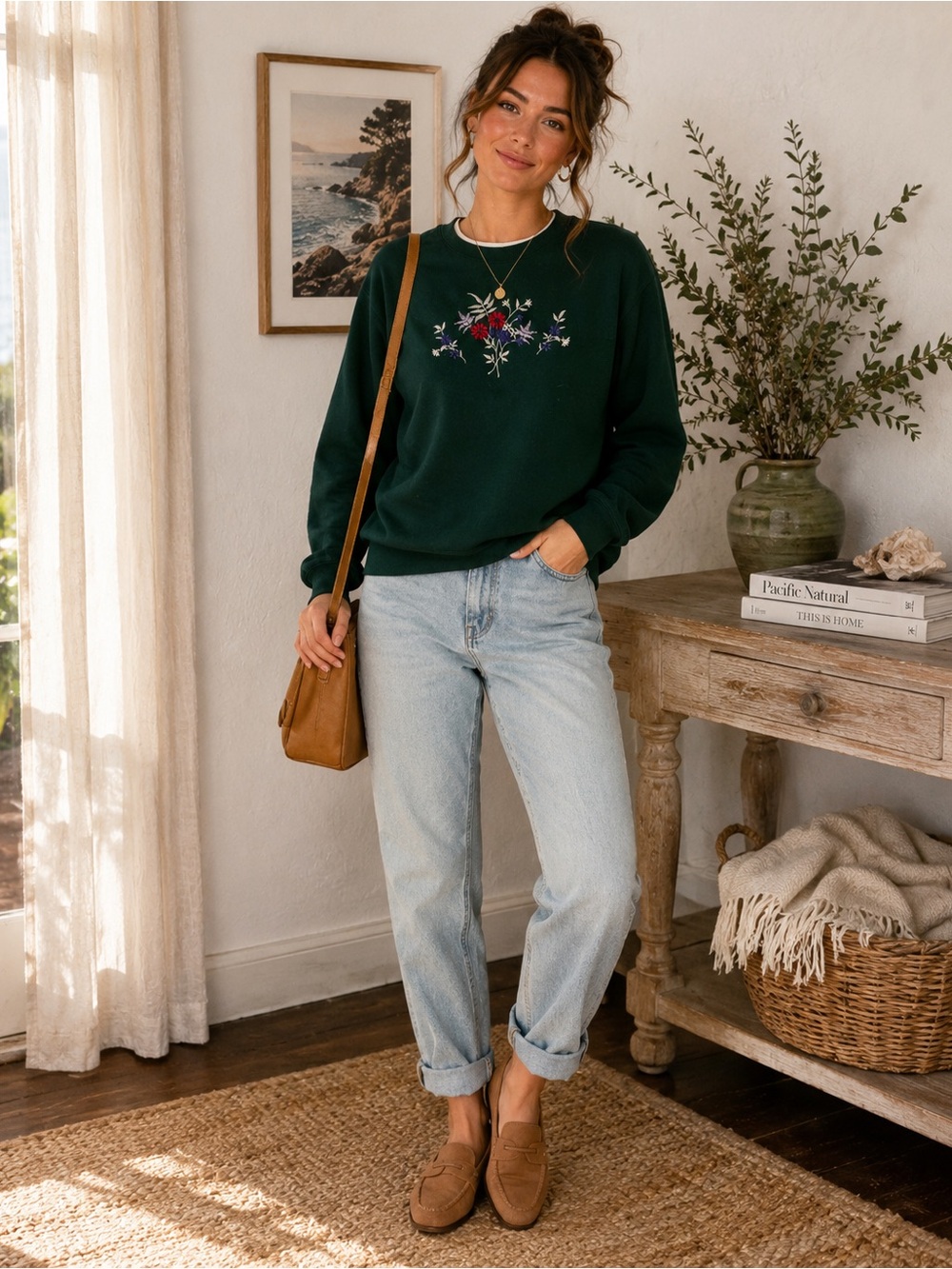 Vintage Jaclyn Smith Sport Sweatshirt Medium Green Floral Embroidered USA